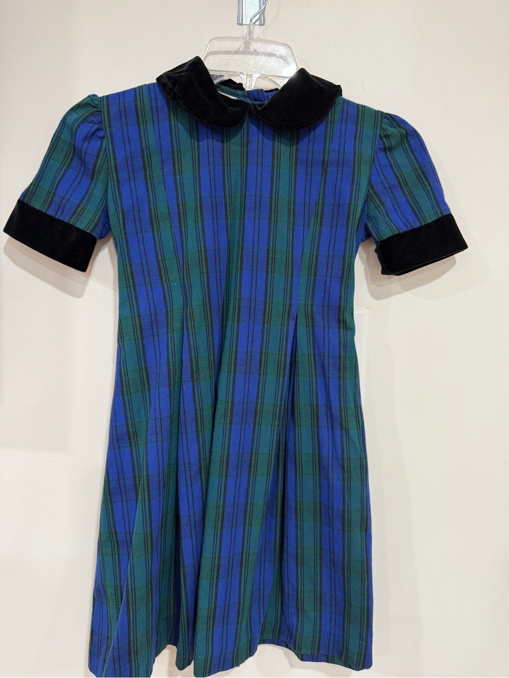 Strasburg Blue and Green Plaid Dress with Black Velvet Trim